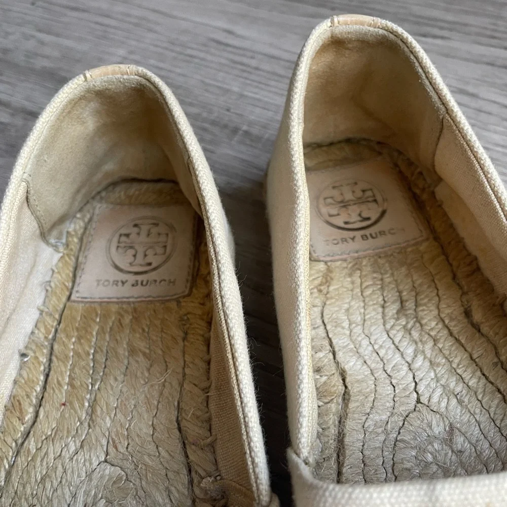 Tory Burch Canvas Espadrille Cream/Black/Tan Slip On Classic Quiet Luxury SZ 7.5